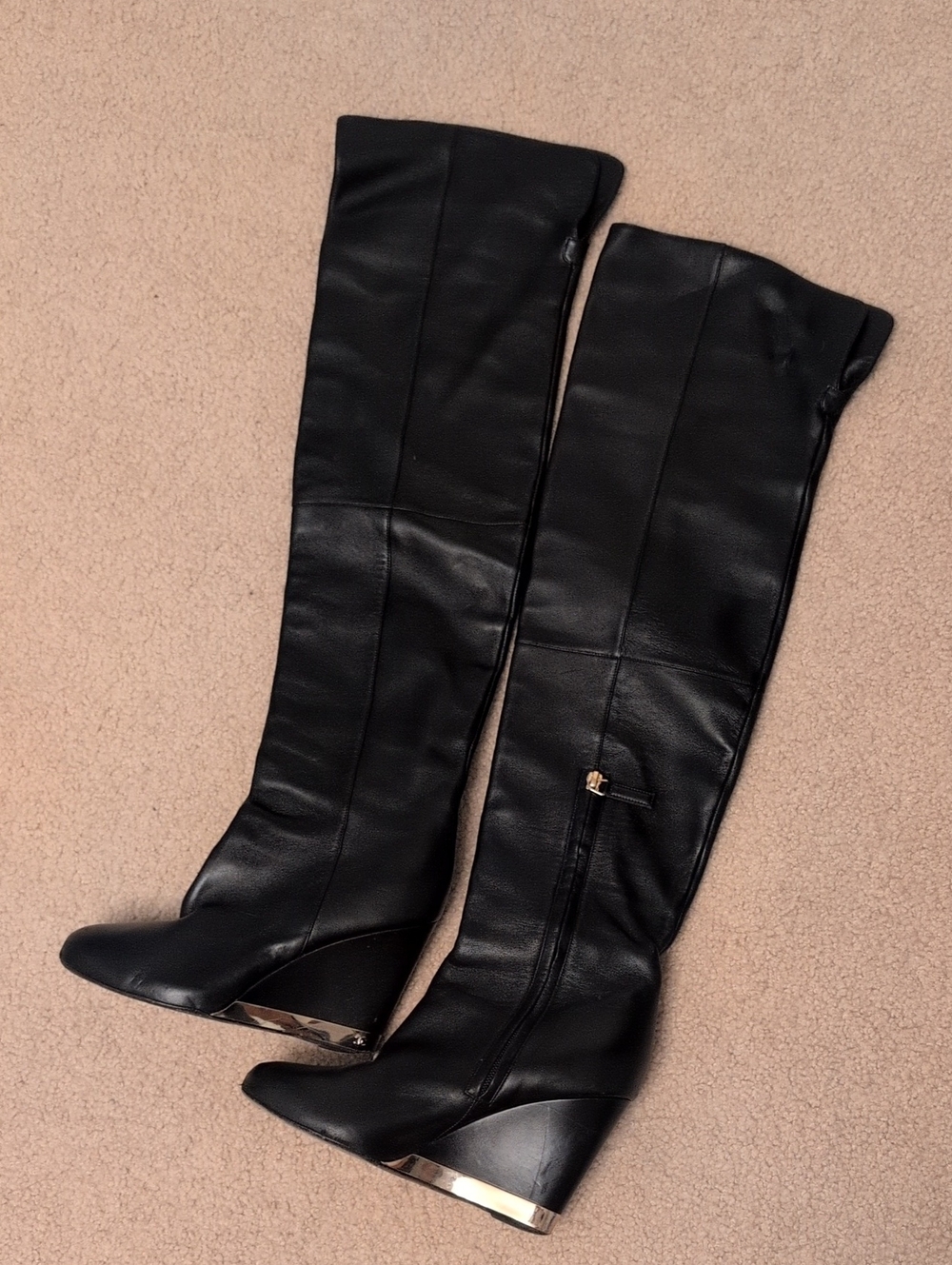 Black Leather Over The Knee High Wedge Boots CHANEL